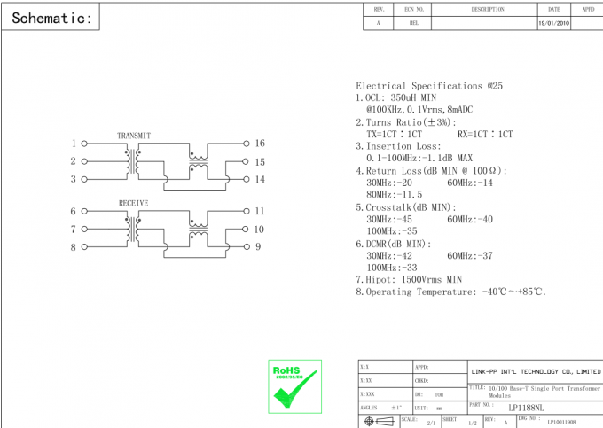 LFE8505 Enetnet Magnetics LP1102NL 10/100 Base-T Ethernet SMT TRANSFORMERS