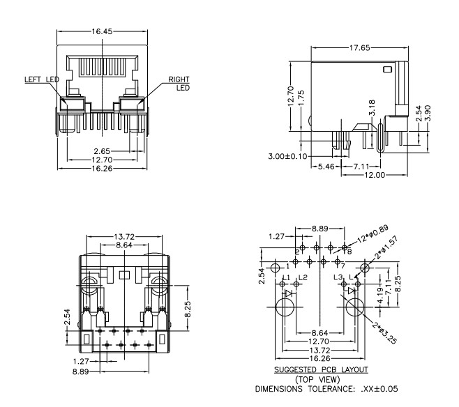 متوافق مع RoHS XRJDB-S-01-8-8-1 منفذ 1x1 منفذ RJ45 منخفض الملف الشخصي