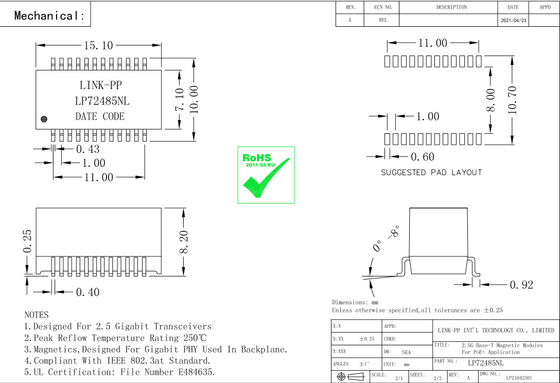 QT24A154P 2.5G Base-T PoE + Lan Magnetic Modules LP72485NL