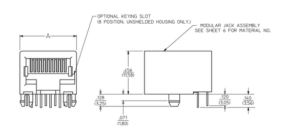 432026101 6p6c 1X1 Port PCB Modular Jack علامة التبويب الزاوية اليمنى لأسفل NO LED